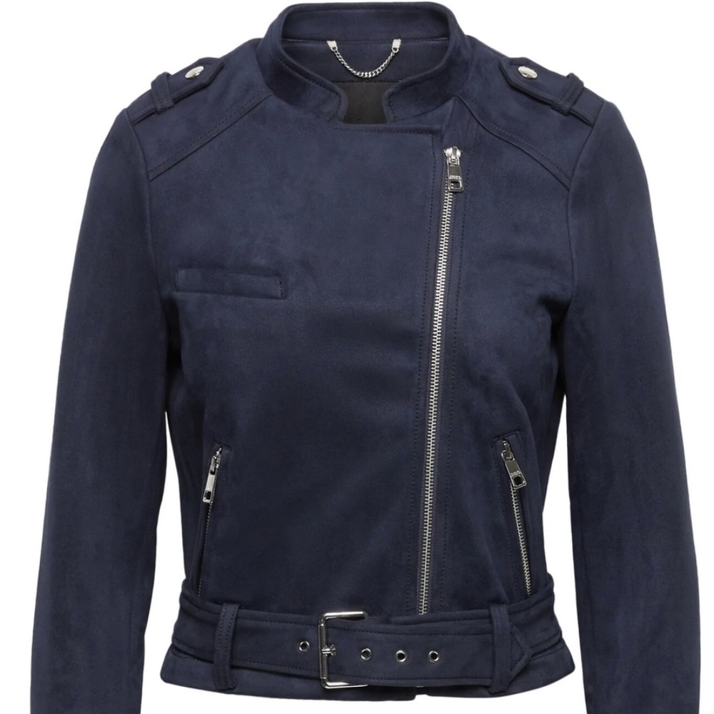Vegan Suede Moto Jacket Navy Blue Size Small